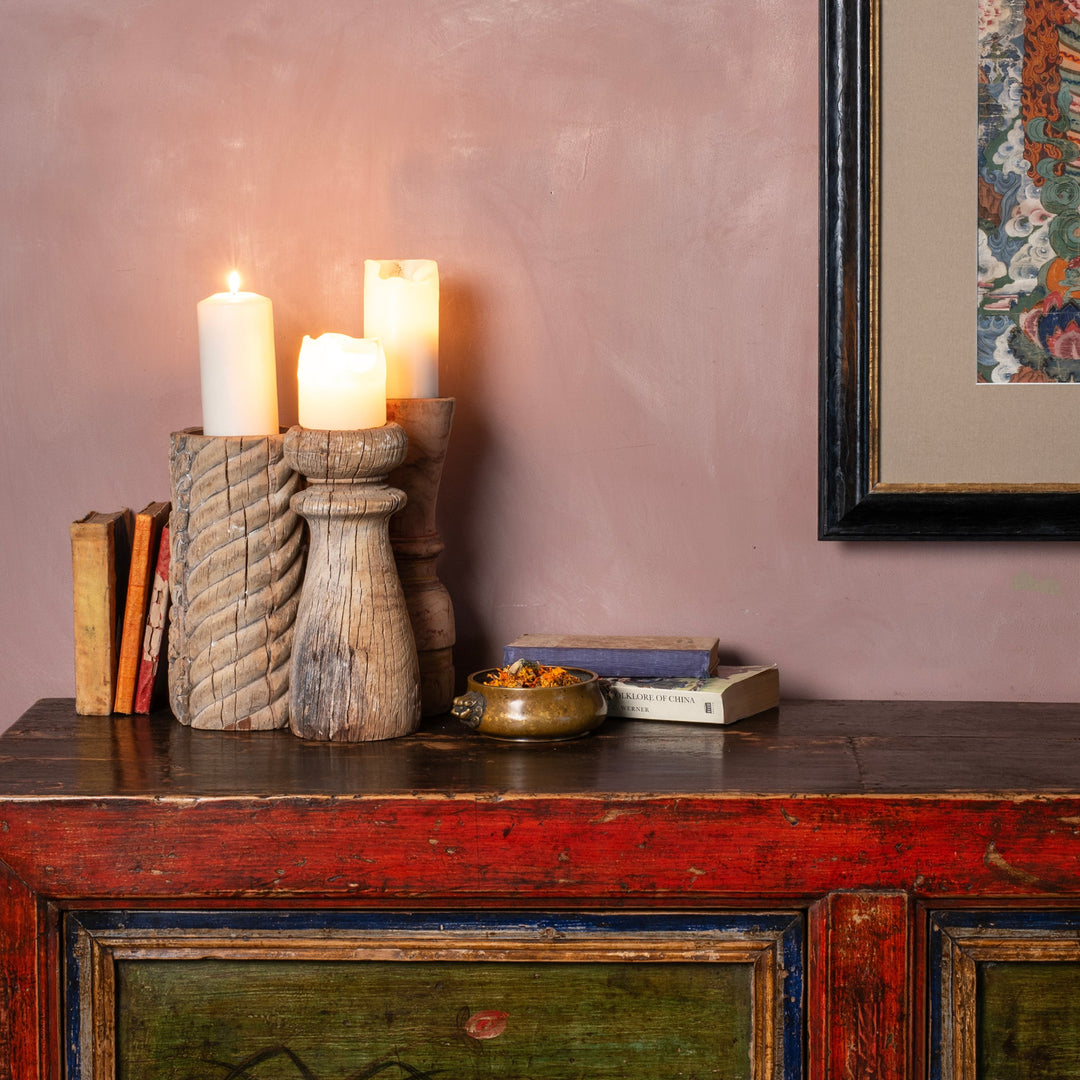 Carved Teak Candlesticks Made From An Old Takhat Leg | Indigo Antiques
