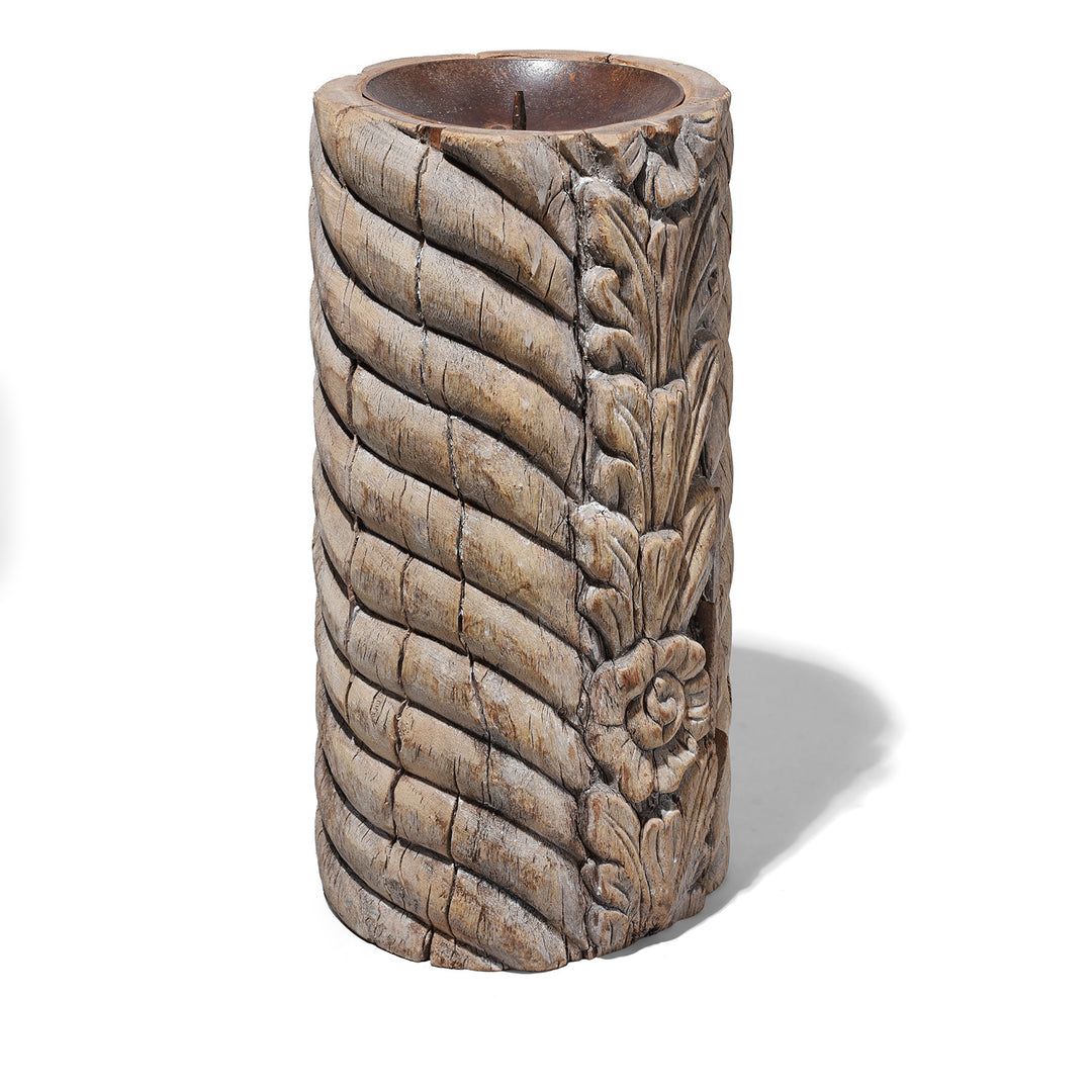 Angled VIew Of Candlestand Made From An Old Teak Carving | Indigo Antiques
