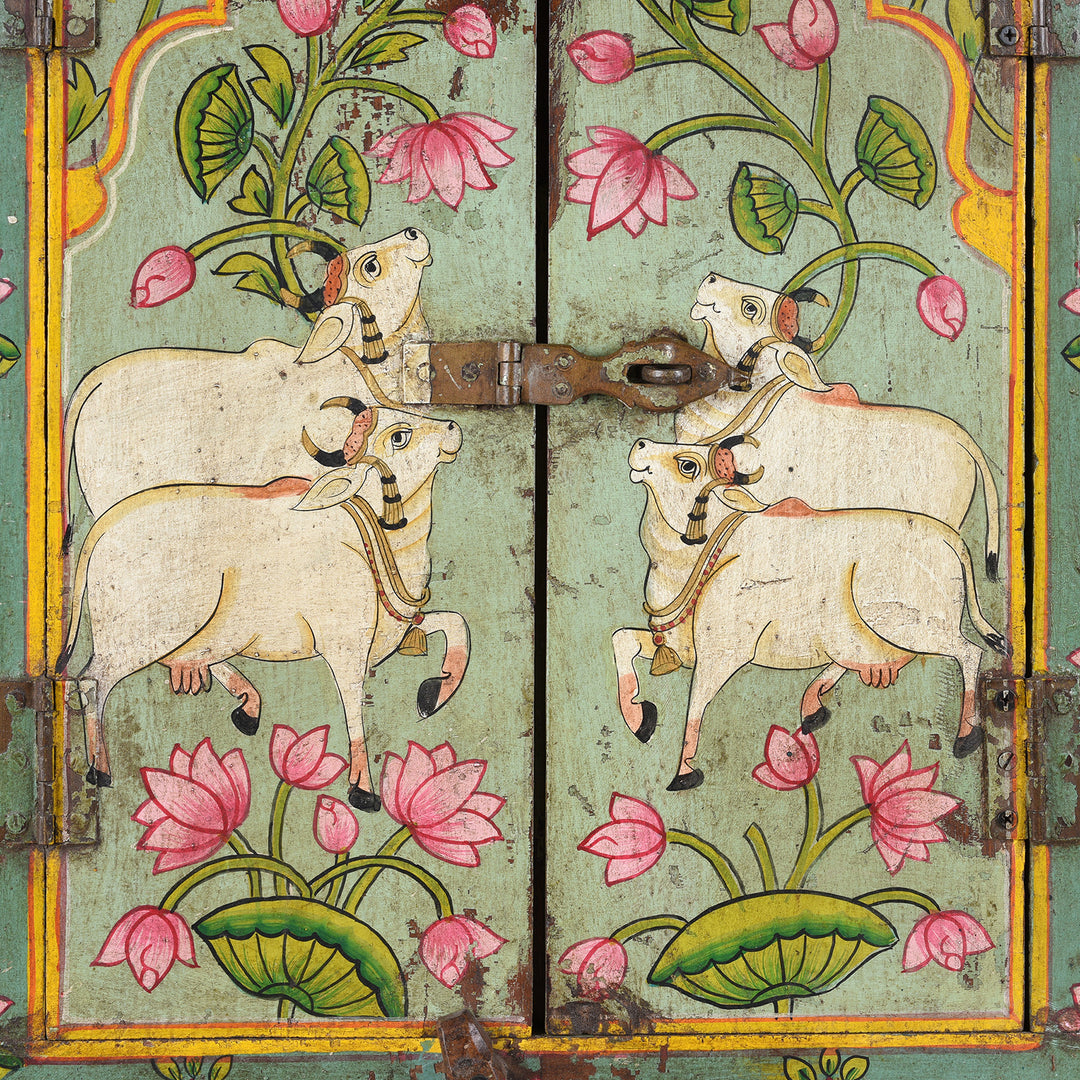 Nandi Bulls Detail From Old Window Painted Nandi Shutter With Later Painting | Indigo Antiques