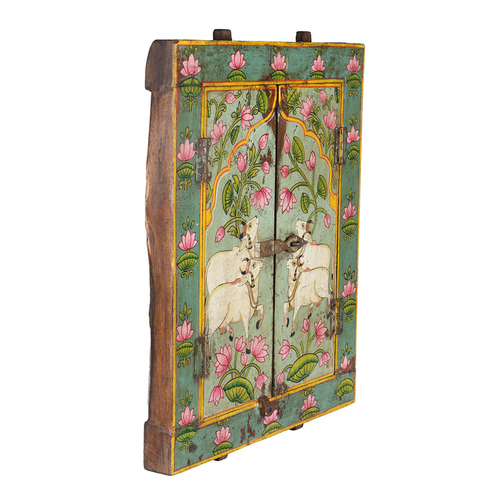 Angled VIew Of Old Window Painted Nandi Shutter With Later Painting | Indigo Antiques
