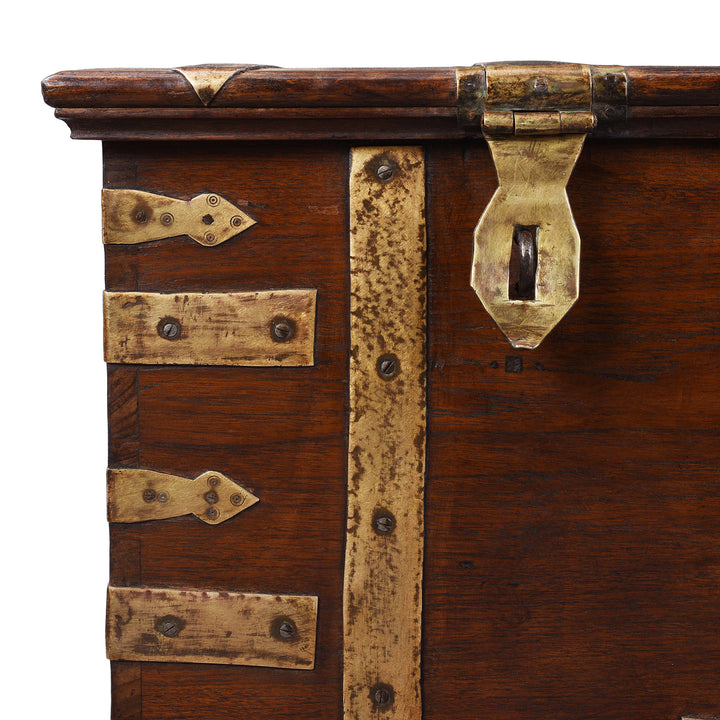 Corner Detail Of Brass Bound Teak Anglo Indian Military Chest From Kutch 19th Century With Patinated Fittings
