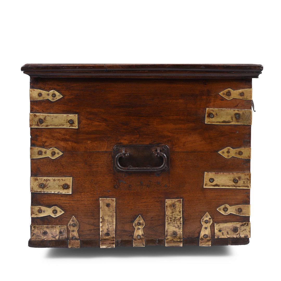 Side View Of Brass Bound Teak Anglo Indian Military Chest From Kutch 19th Century With Patinated Fittings