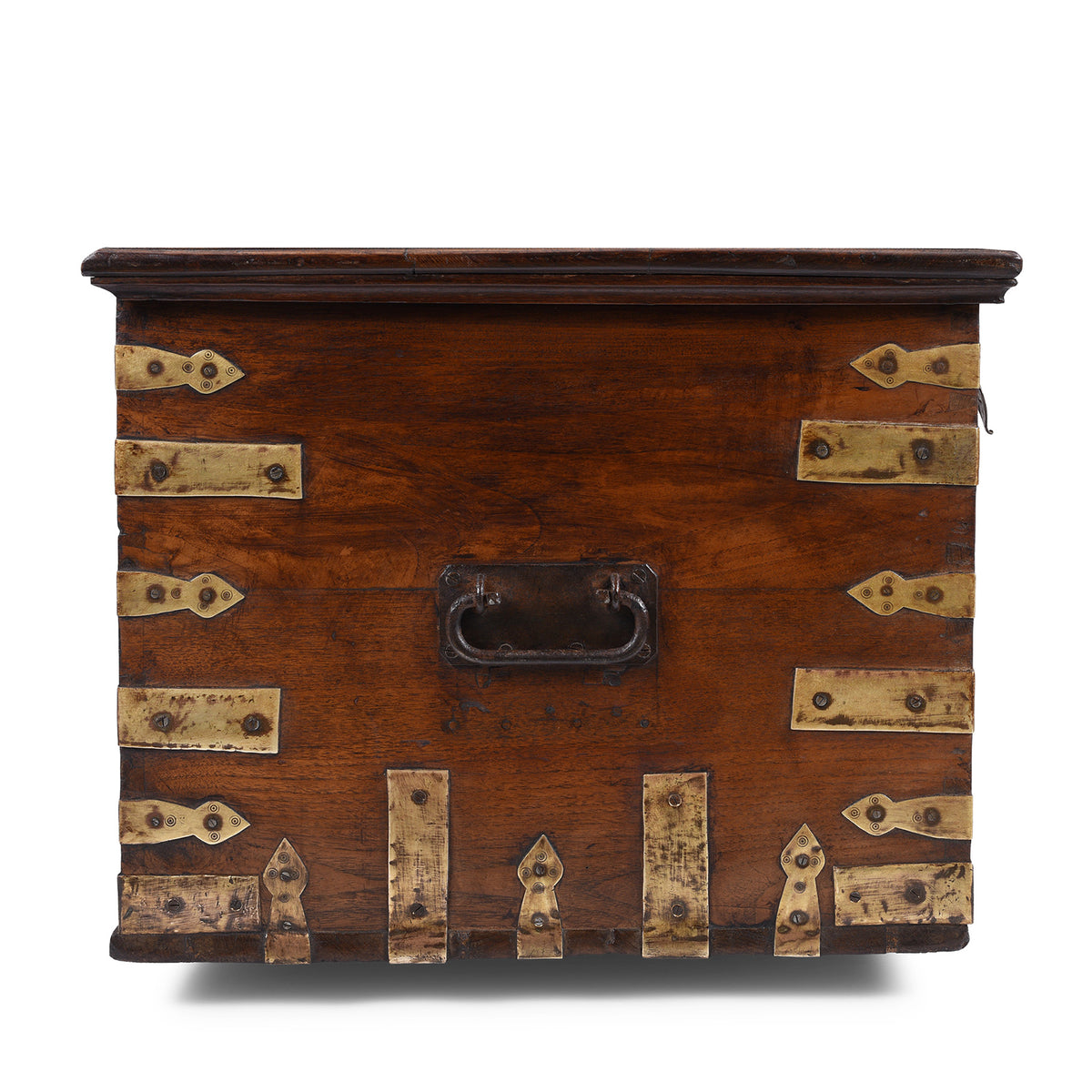 Side View Of Brass Bound Teak Anglo Indian Military Chest From Kutch 19th Century With Patinated Fittings
