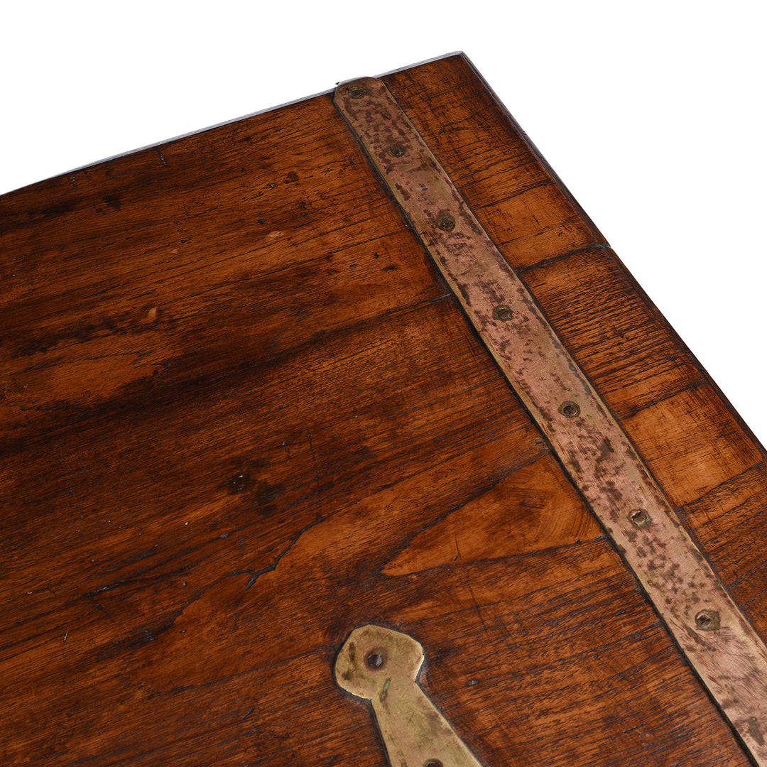 Top Corner Detail From Brass Bound Teak Anglo Indian Military Chest From Kutch 19th Century With Patinated Fittings