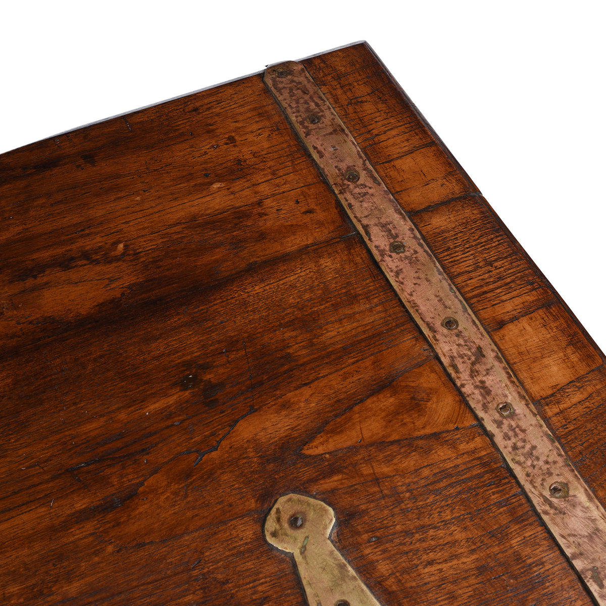 Top Corner Detail From Brass Bound Teak Anglo Indian Military Chest From Kutch 19th Century With Patinated Fittings