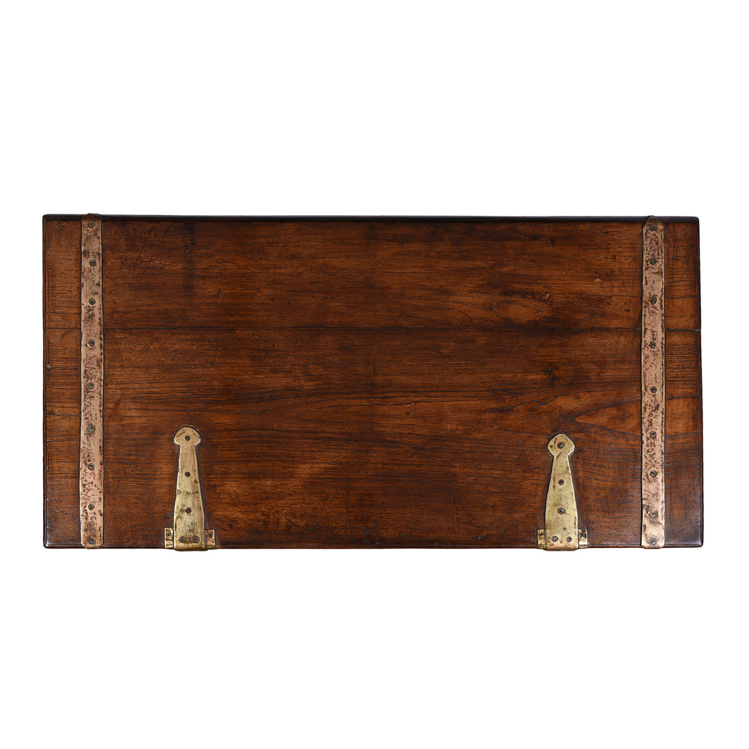 Top Down View Of Brass Bound Teak Anglo Indian Military Chest From Kutch 19th Century With Patinated Fittings