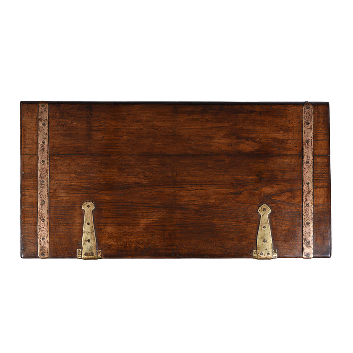 Top Down View Of Brass Bound Teak Anglo Indian Military Chest From Kutch 19th Century With Patinated Fittings
