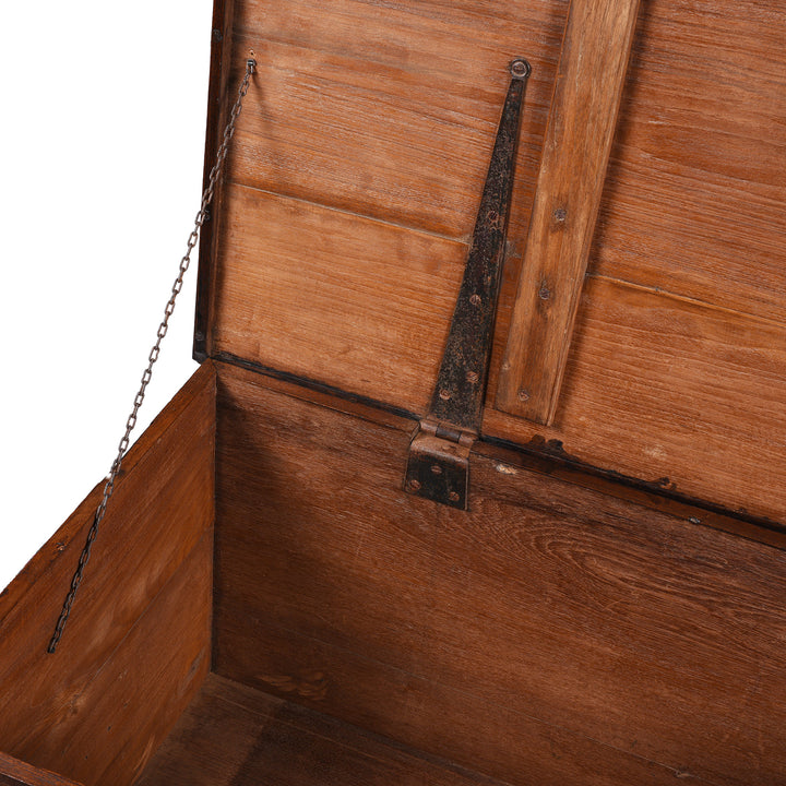 Chain View Of Brass Bound Teak Anglo Indian Military Chest From Kutch 19th Century With Patinated Fittings