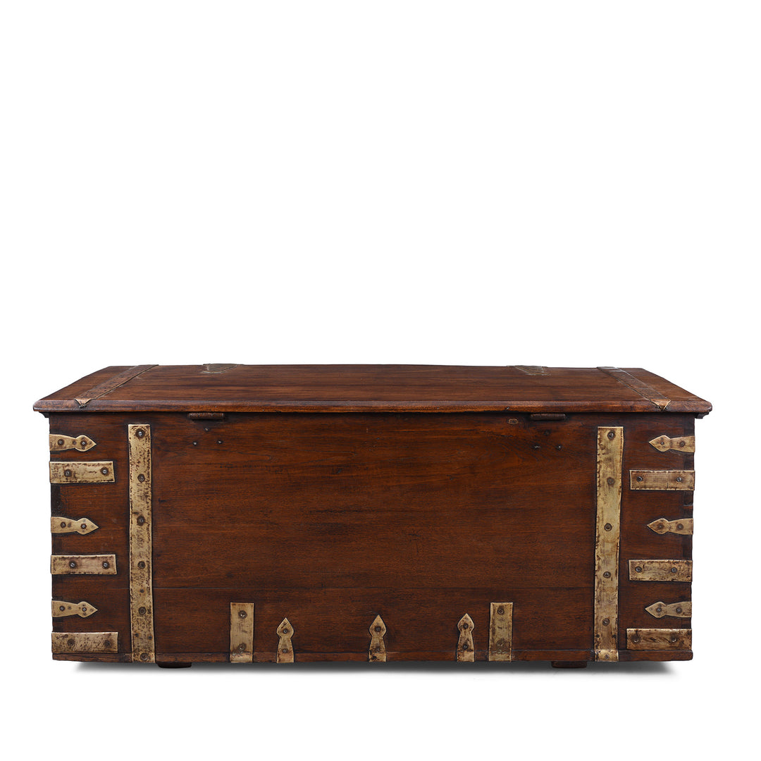 Reverse Of Brass Bound Teak Anglo Indian Military Chest From Kutch 19th Century With Patinated Fittings