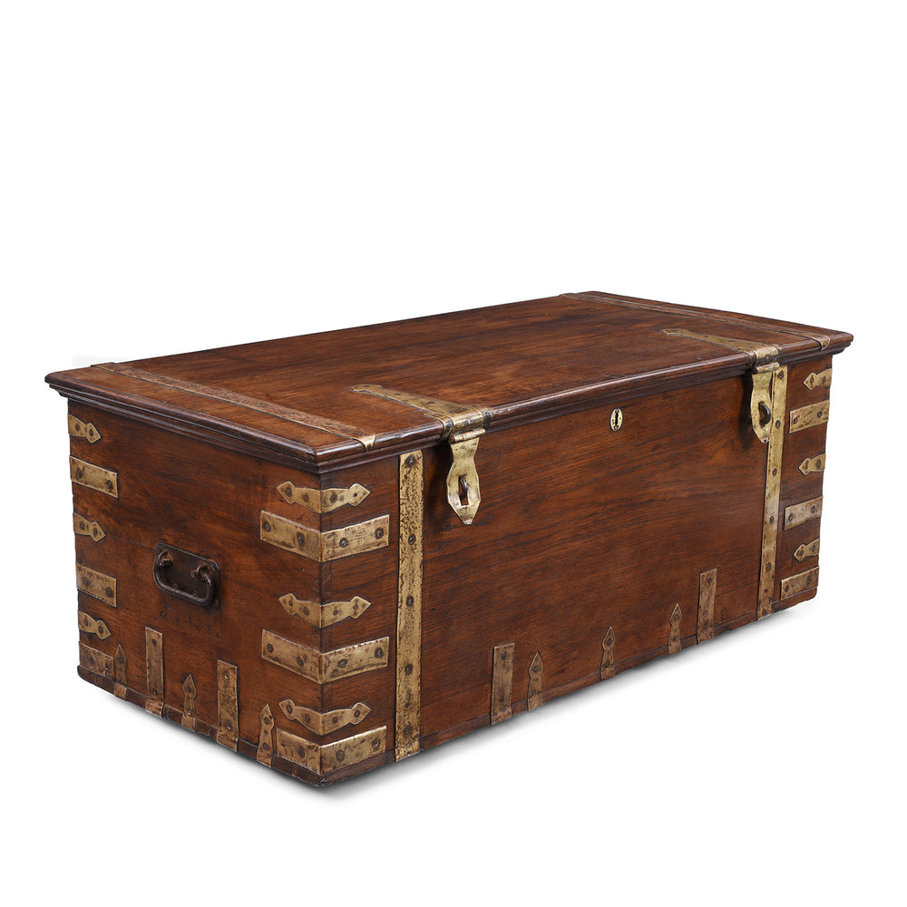Angled View Of Brass Bound Teak Anglo Indian Military Chest From Kutch 19th Century With Patinated Fittings