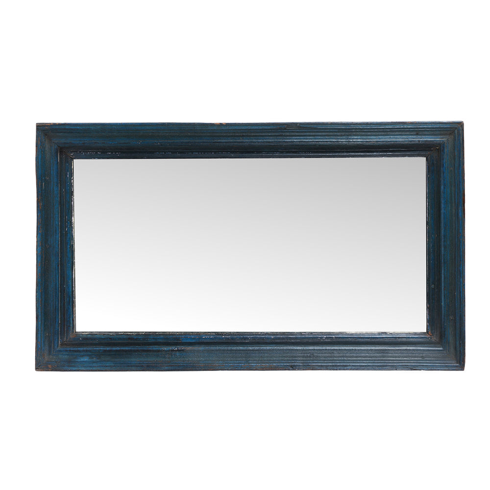 Landscape View Of Blue Painted Reclaimed Teak Indian Mirror With Deep Moulded Frame