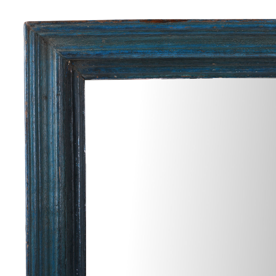 Corner Frame Detail From Blue Painted Reclaimed Teak Indian Mirror With Deep Moulded Frame