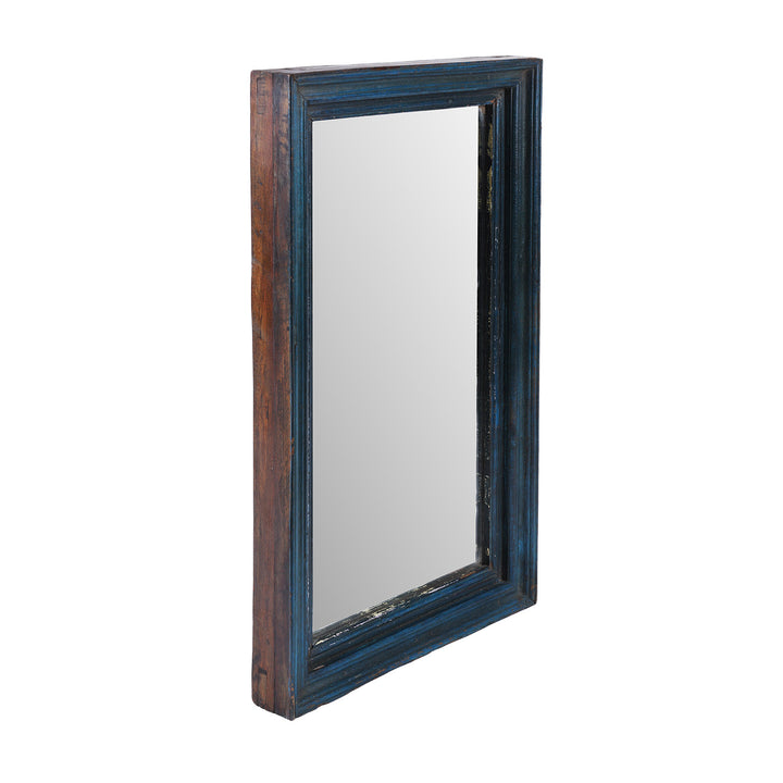 Angled View Of Blue Painted Reclaimed Teak Indian Mirror With Deep Moulded Frame