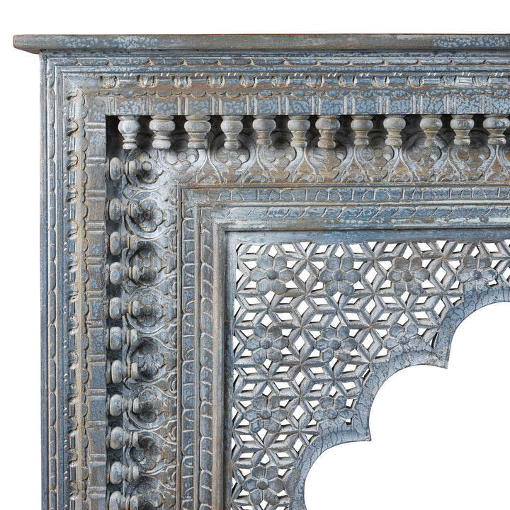 Corner Detail Showing Carvings On Indian Reclaimed Blue Painted Console Table | Indigo Antiques