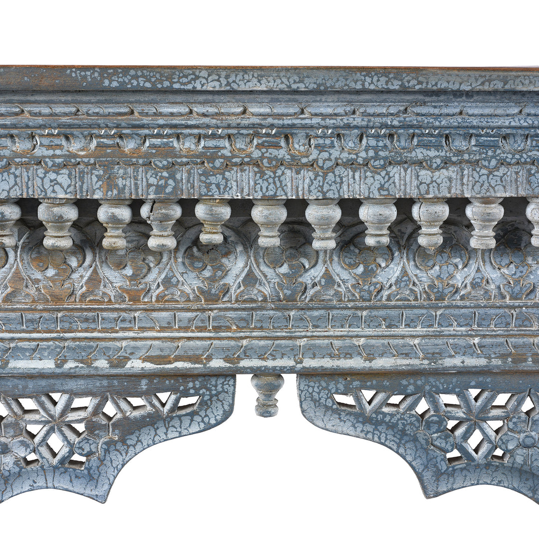 Carving Detail From Indian Reclaimed Blue Painted Console Table | Indigo Antiques