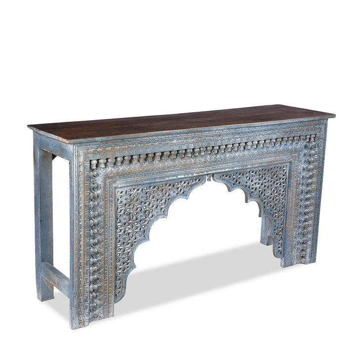 Angled VIew Of Indian Reclaimed Blue Painted Console Table | Indigo Antiques