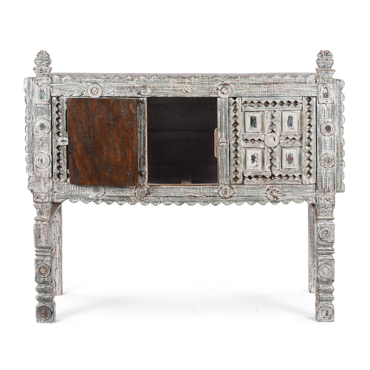 Interior View Of Antique Rubari Damchiya Dowry Chest from Kutch, India €“ Circa 1920, Hand-Carved Teak with Whitewashed Patina and Traditional Geometric Motifs