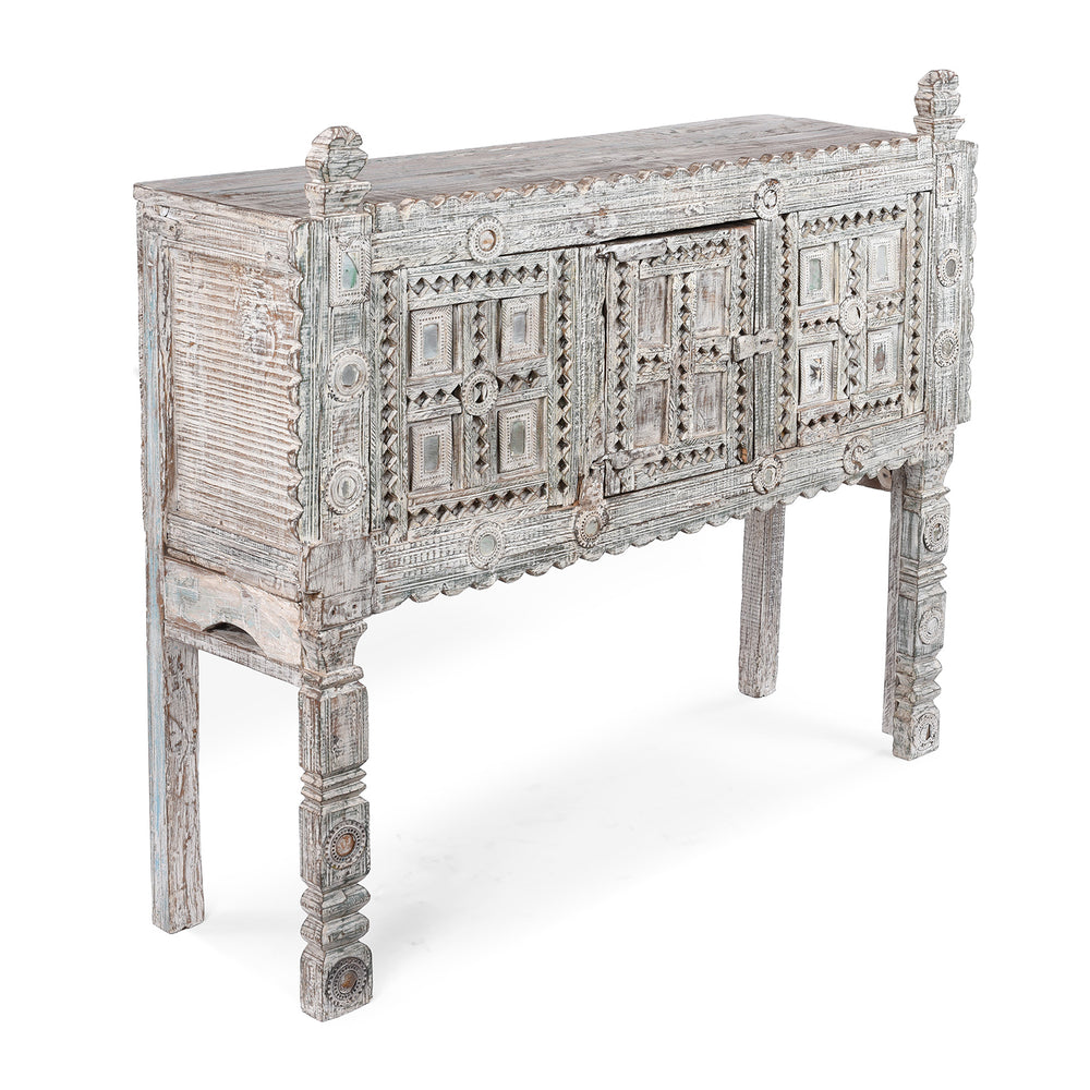 Angled View Of Antique Rubari Damchiya Dowry Chest from Kutch, India €“ Circa 1920, Hand-Carved Teak with Whitewashed Patina and Traditional Geometric Motifs