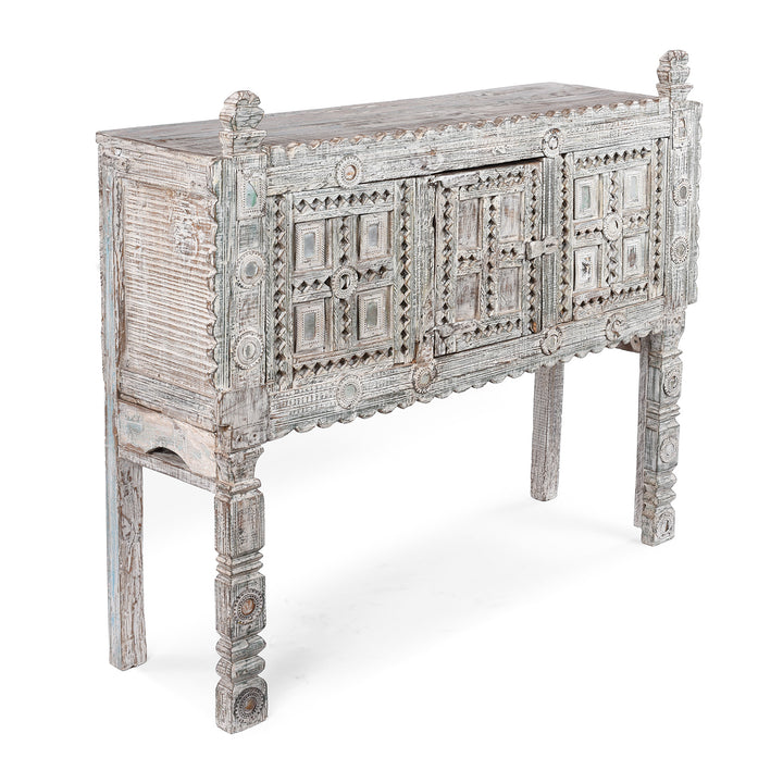 Angled View Of Antique Rubari Damchiya Dowry Chest from Kutch, India €“ Circa 1920, Hand-Carved Teak with Whitewashed Patina and Traditional Geometric Motifs