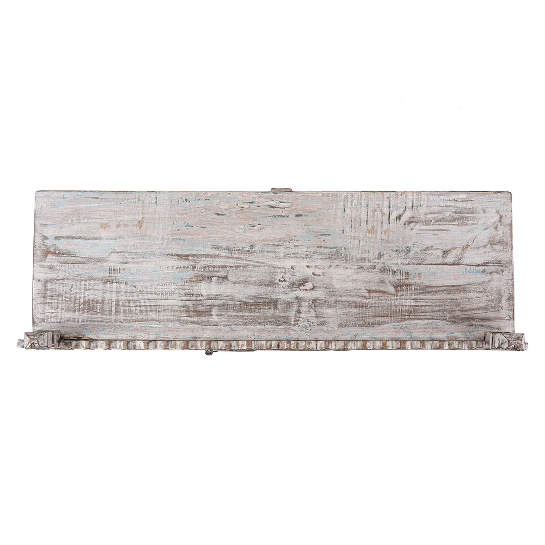 Top Down View Of Antique Rubari Damchiya Dowry Chest from Kutch, India €“ Circa 1920, Hand-Carved Teak with Whitewashed Patina and Traditional Geometric Motifs