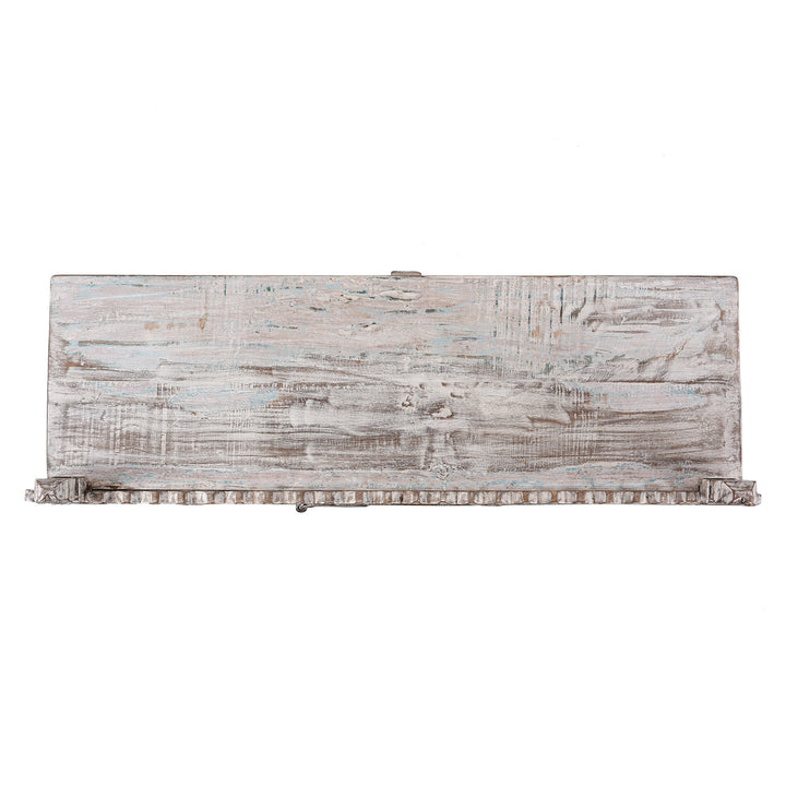 Top Down View Of Antique Rubari Damchiya Dowry Chest from Kutch, India €“ Circa 1920, Hand-Carved Teak with Whitewashed Patina and Traditional Geometric Motifs