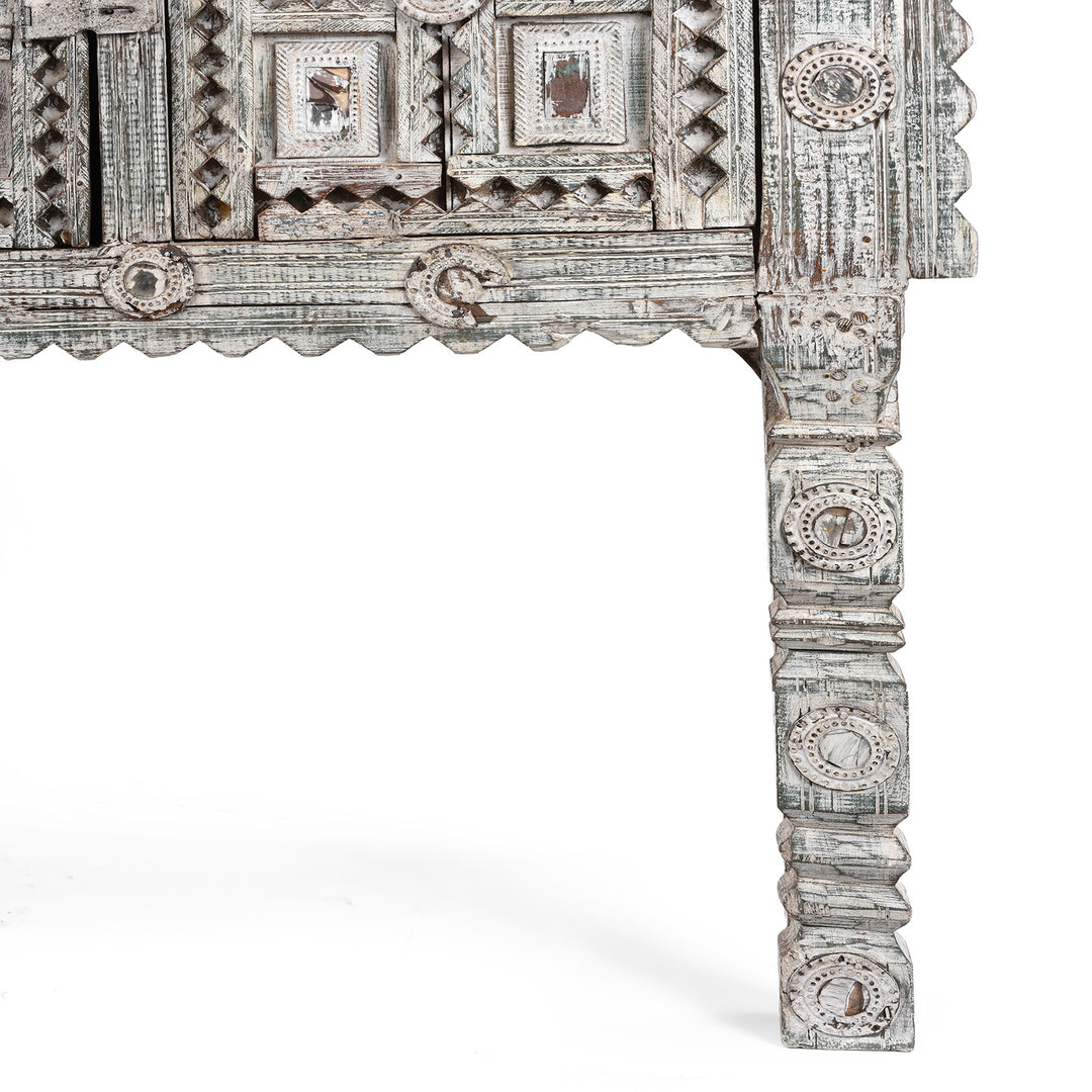 Carved Leg Detail From Antique Rubari Damchiya Dowry Chest from Kutch, India €“ Circa 1920, Hand-Carved Teak with Whitewashed Patina and Traditional Geometric Motifs