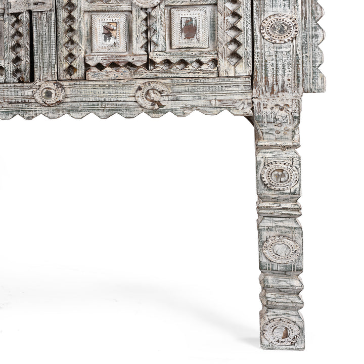 Carved Leg Detail From Antique Rubari Damchiya Dowry Chest from Kutch, India €“ Circa 1920, Hand-Carved Teak with Whitewashed Patina and Traditional Geometric Motifs
