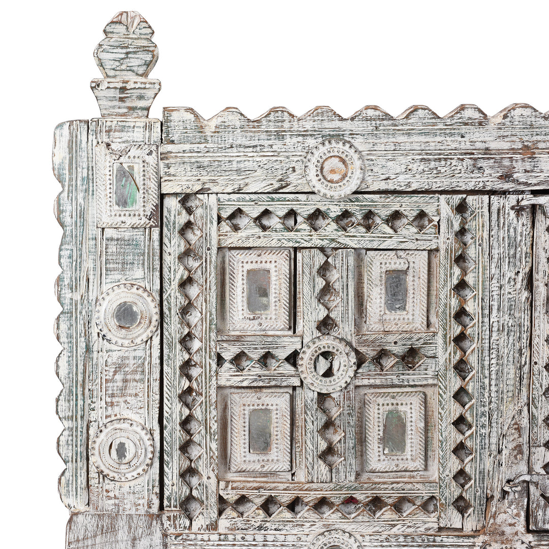Corner Detail Displaying Carvings And Mirror Decorations On Antique Rubari Damchiya Dowry Chest from Kutch, India €“ Circa 1920, Hand-Carved Teak with Whitewashed Patina and Traditional Geometric Motifs