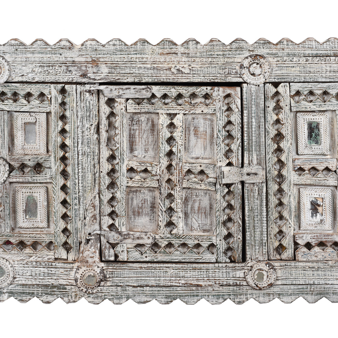 Door Carving Detail From Antique Rubari Damchiya Dowry Chest from Kutch, India €“ Circa 1920, Hand-Carved Teak with Whitewashed Patina and Traditional Geometric Motifs