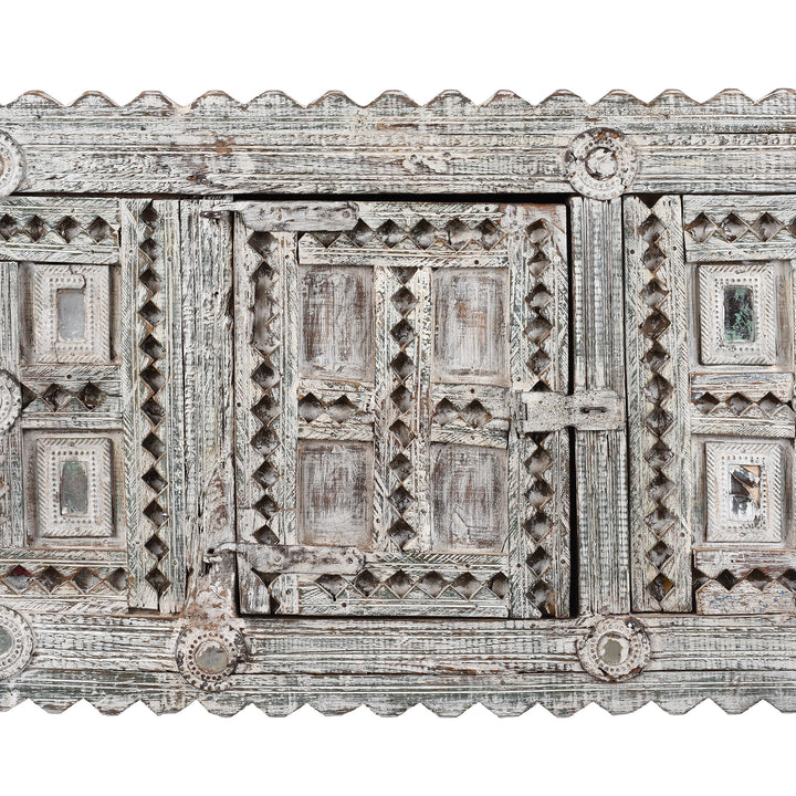 Door Carving Detail From Antique Rubari Damchiya Dowry Chest from Kutch, India €“ Circa 1920, Hand-Carved Teak with Whitewashed Patina and Traditional Geometric Motifs