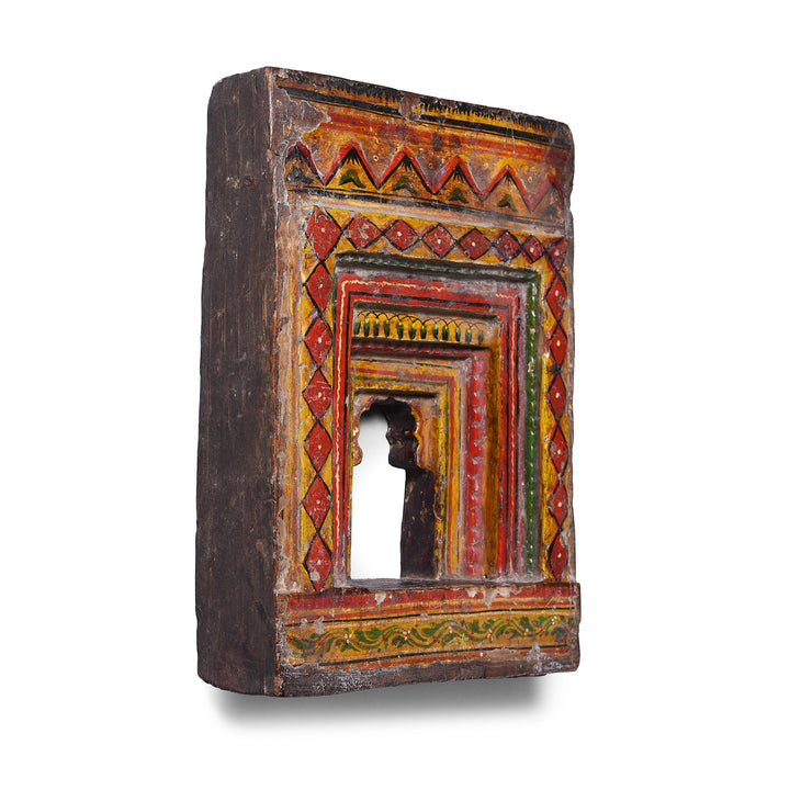 Angled View Of Antique Indian Painted Teak Votive Panel | Indigo Antiques