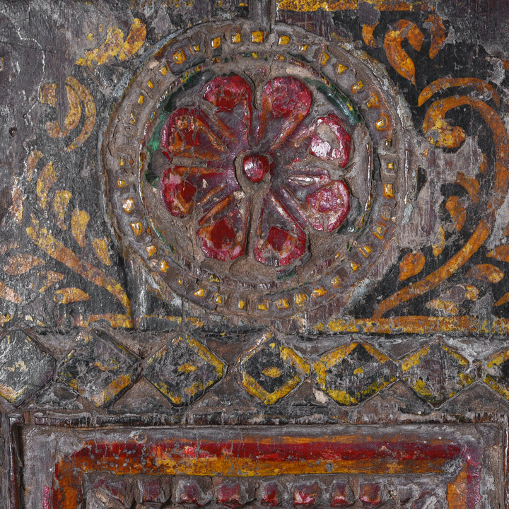 Florwer Detail From Painted Tribal Teak Votive Panel From Andhra Pradesh With Original Polychrome Decoration