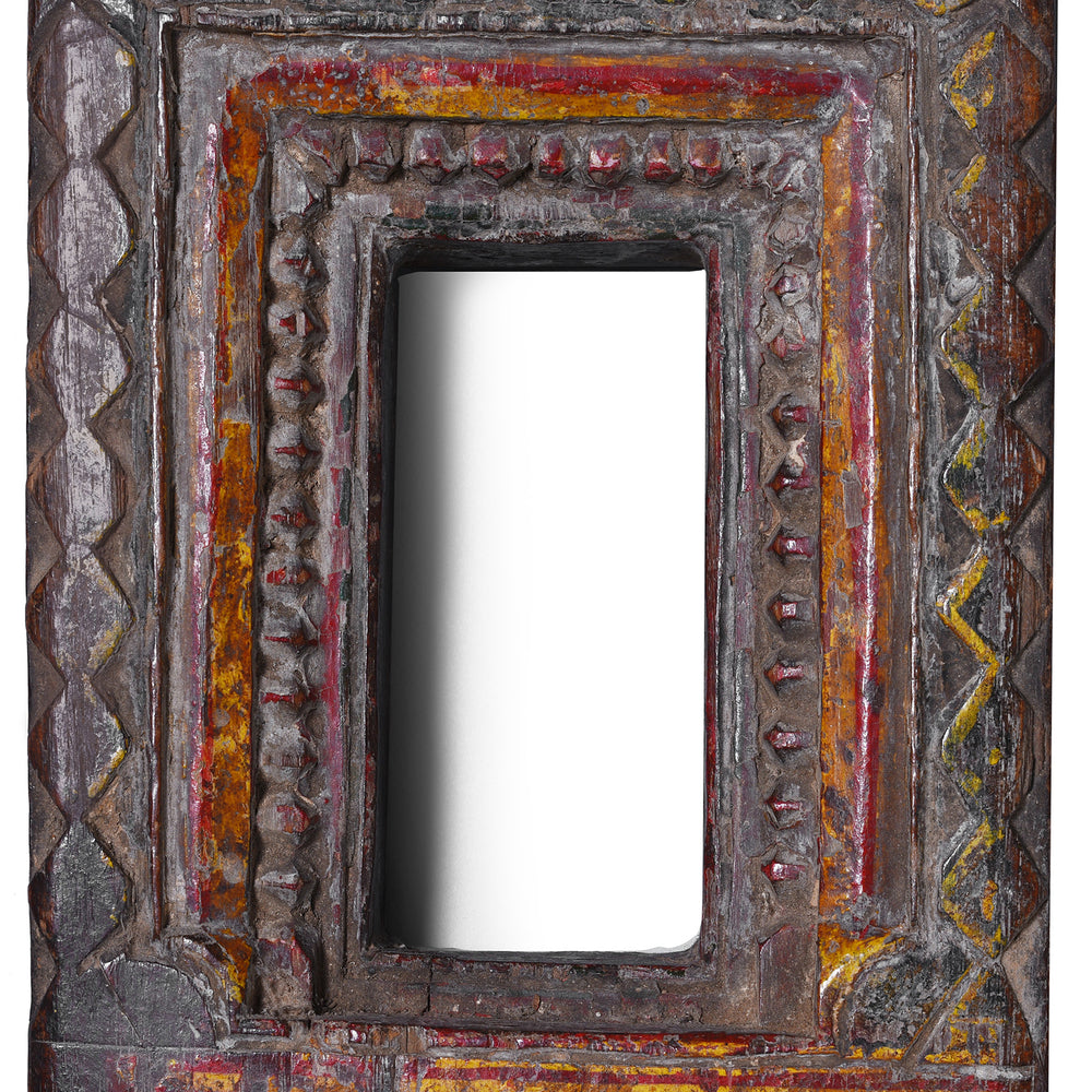 Detail From Painted Tribal Teak Votive Panel From Andhra Pradesh With Original Polychrome Decoration