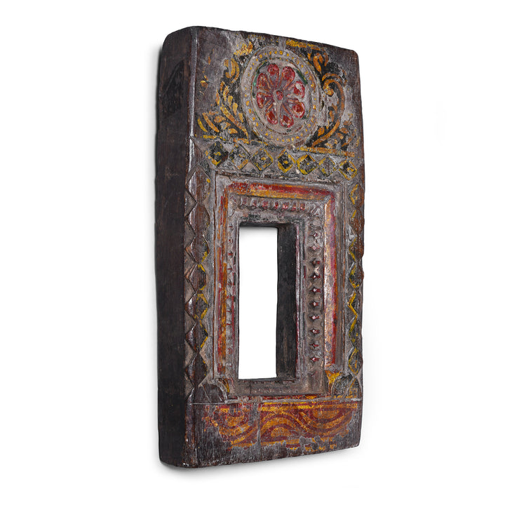 Angled VIew Of Painted Tribal Teak Votive Panel From Andhra Pradesh With Original Polychrome Decoration