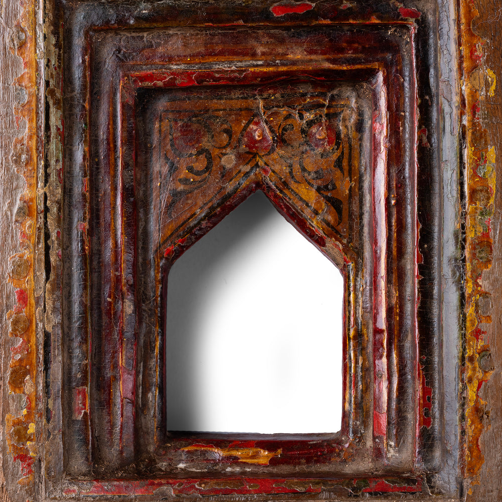 Central Detail From Painted 19th Century Teak Votive Panel From Andhra Pradesh With Mughal Inspired Arch And Original Polychrome Decoration