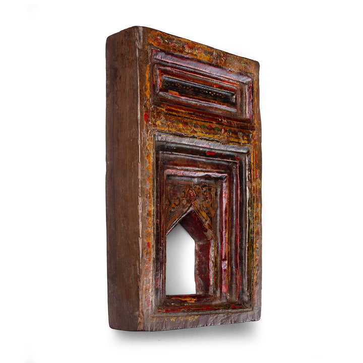 Angled View Of Painted 19th Century Teak Votive Panel From Andhra Pradesh With Mughal Inspired Arch And Original Polychrome Decoration