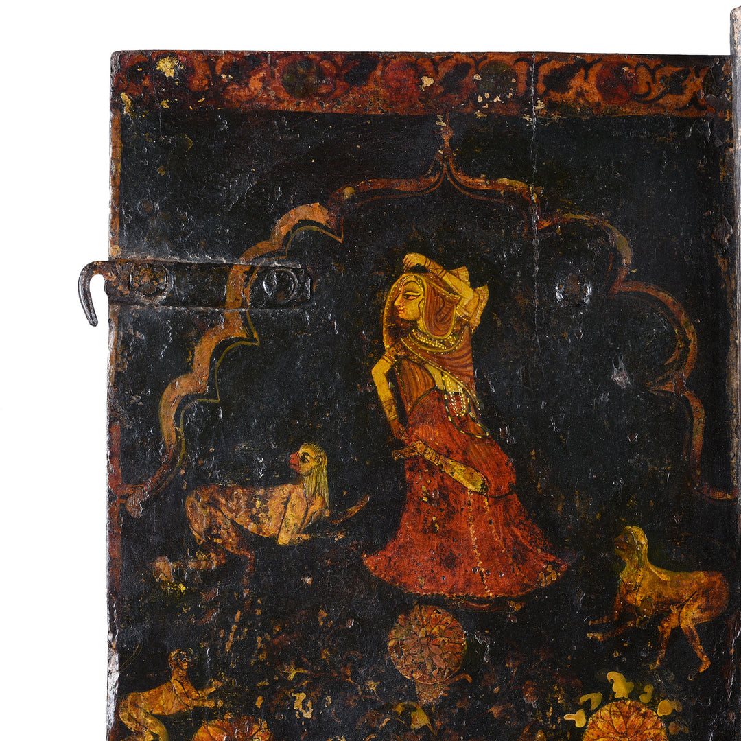 Corner Detail From Painted Teak Jodhpur Window Shutter With Courtly Figures Animals And Floral Trees