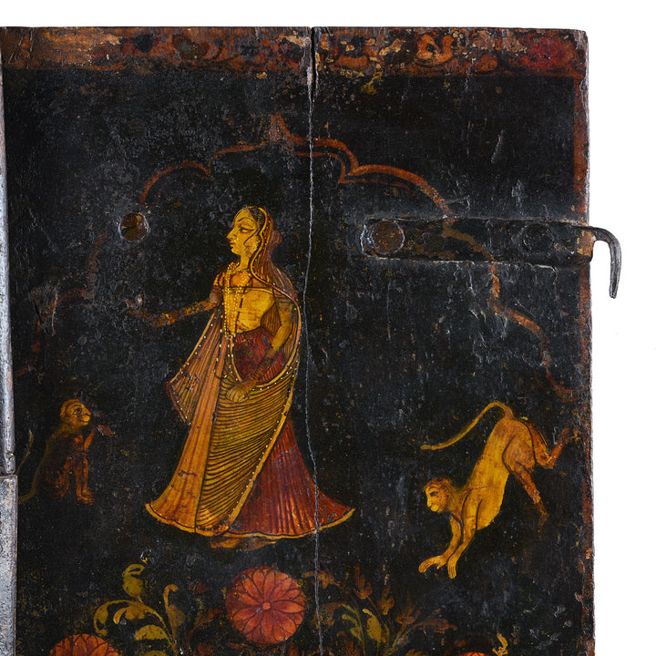 Paintwork Detail From Painted Teak Jodhpur Window Shutter With Courtly Figures Animals And Floral Trees