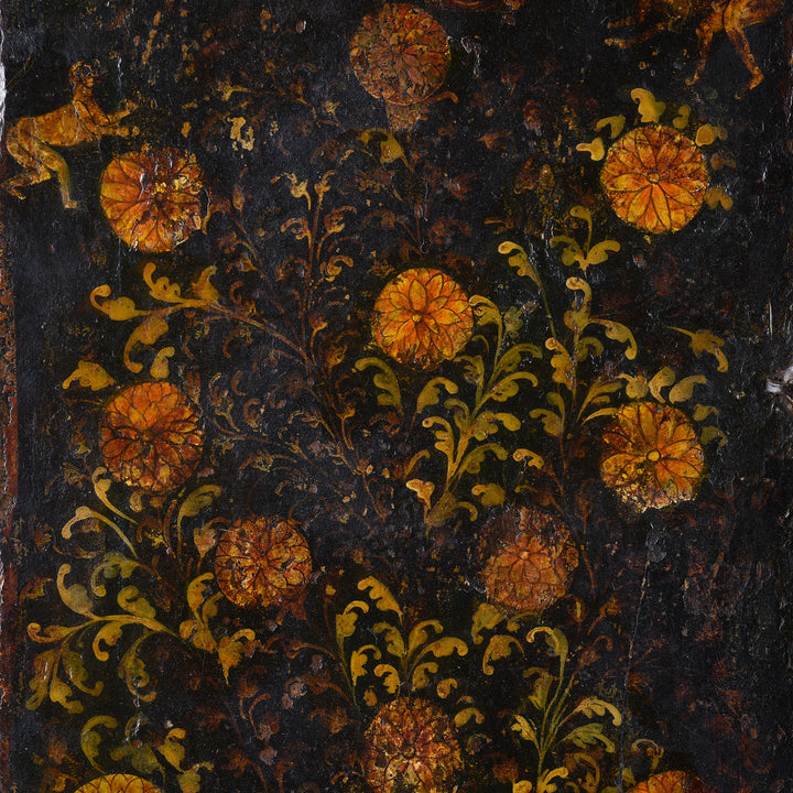 Paintwork Detail From Painted Teak Jodhpur Window Shutter With Courtly Figures Animals And Floral Trees