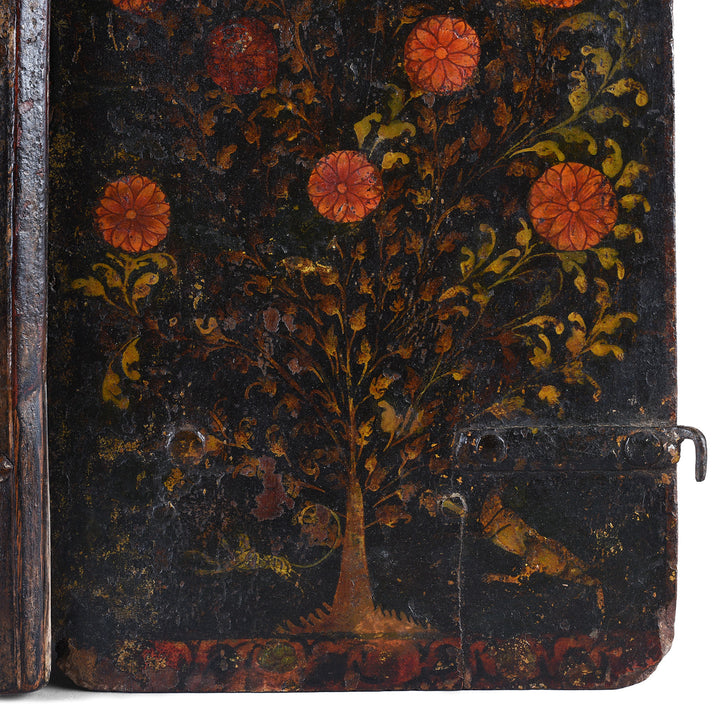 Paintwork Detail From Painted Teak Jodhpur Window Shutter With Courtly Figures Animals And Floral Trees