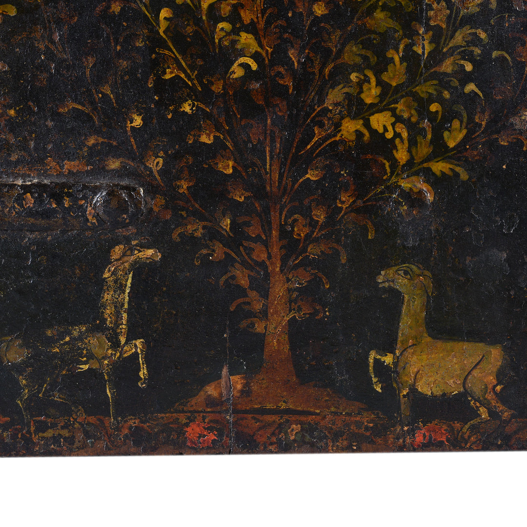 Paintwork Detail From Painted Teak Jodhpur Window Shutter With Courtly Figures Animals And Floral Trees
