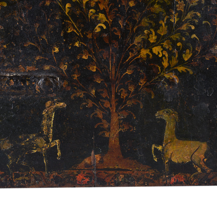 Paintwork Detail From Painted Teak Jodhpur Window Shutter With Courtly Figures Animals And Floral Trees