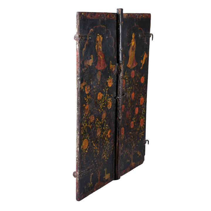 Angled View Of Painted Teak Jodhpur Window Shutter With Courtly Figures Animals And Floral Trees