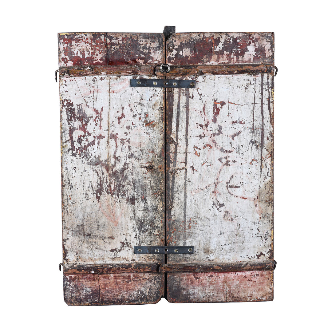 Back Of Painted Teak Jodhpur Window Shutter With Courtly Figures Animals And Floral Trees