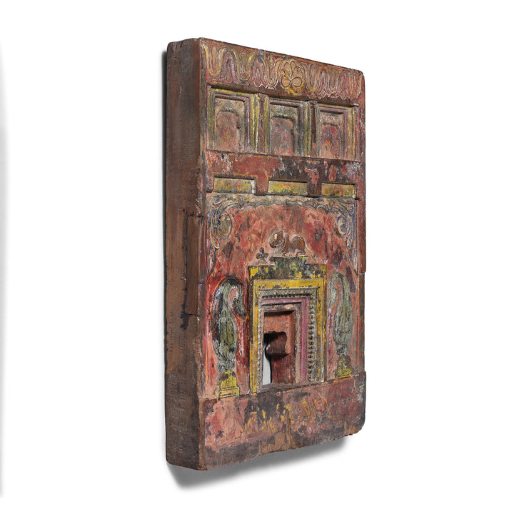 Angled View Of Antique Hand Painted Teak Votive Panel From Andhra Pradesh South India With Folk Carved Architectural Detail