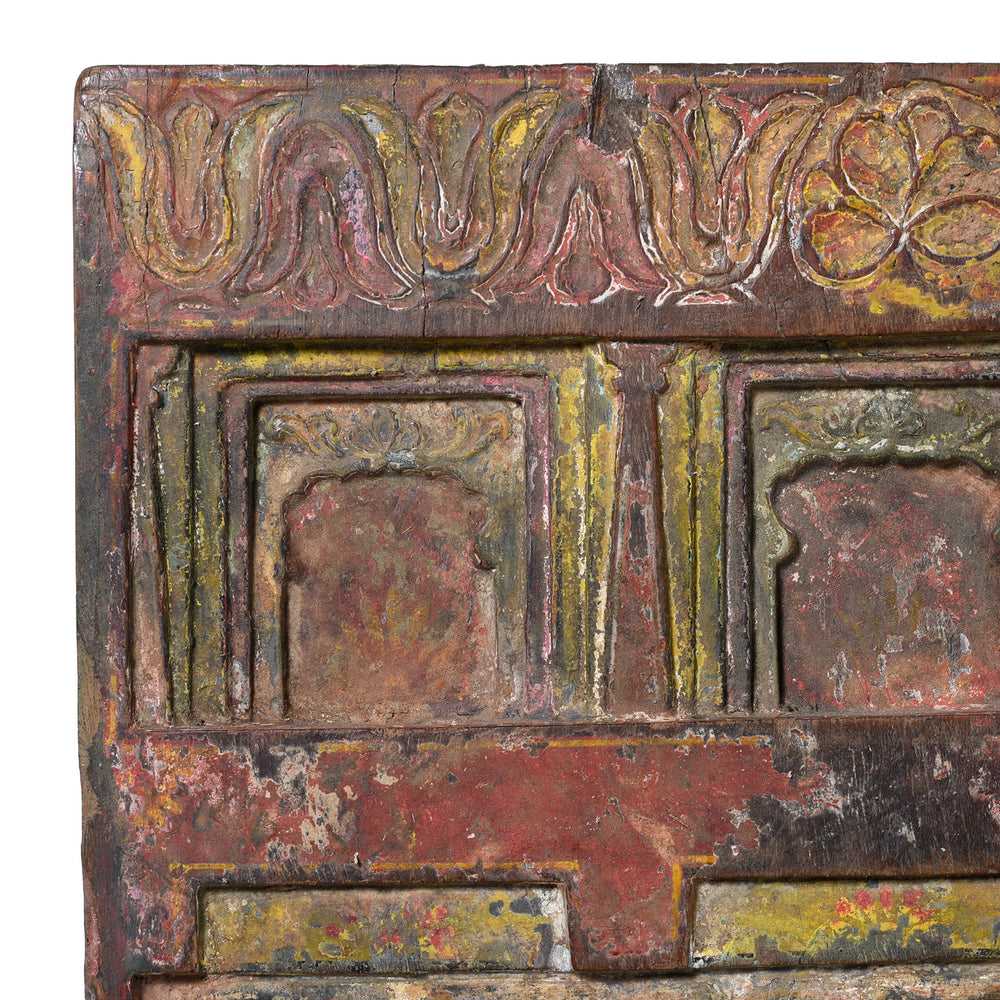 Corner Detail Showing Paintwork On Antique Hand Painted Teak Votive Panel From Andhra Pradesh South India With Folk Carved Architectural Detail