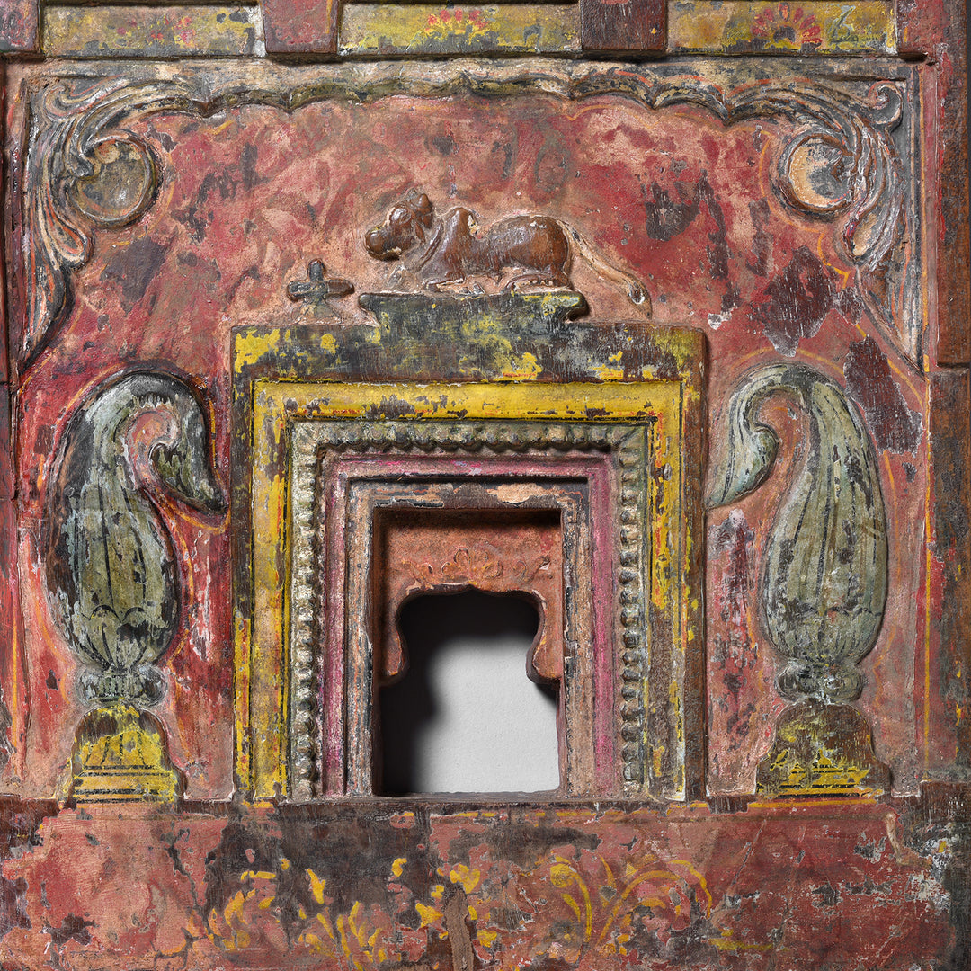 Paintwork Detail From Antique Hand Painted Teak Votive Panel From Andhra Pradesh South India With Folk Carved Architectural Detail