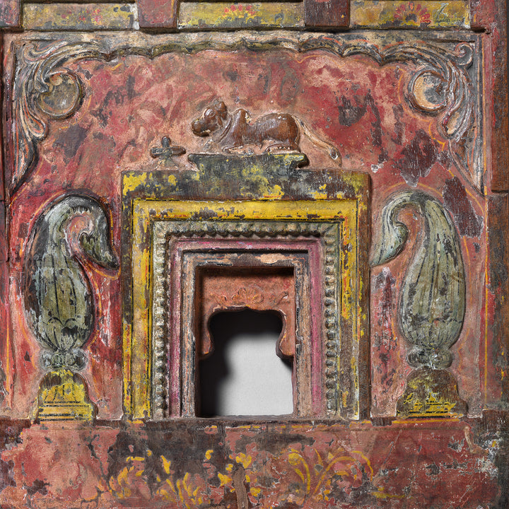 Paintwork Detail From Antique Hand Painted Teak Votive Panel From Andhra Pradesh South India With Folk Carved Architectural Detail