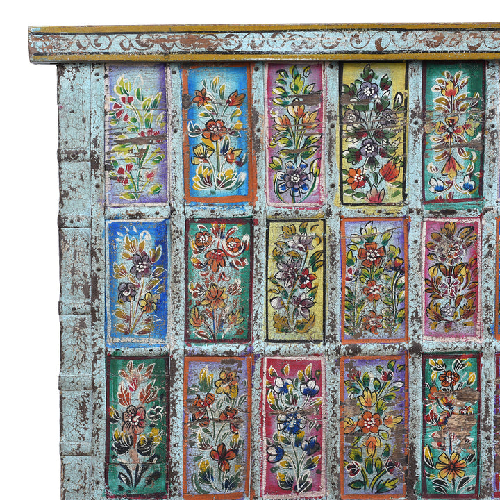 Corner And Paintwork Detail from Vintage Indian Painted Pithara Console Chest | Indigo Antiques