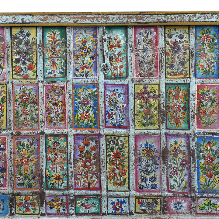 Paintwork And Latch Detail From Vintage Indian Painted Pithara Console Chest | Indigo Antiques